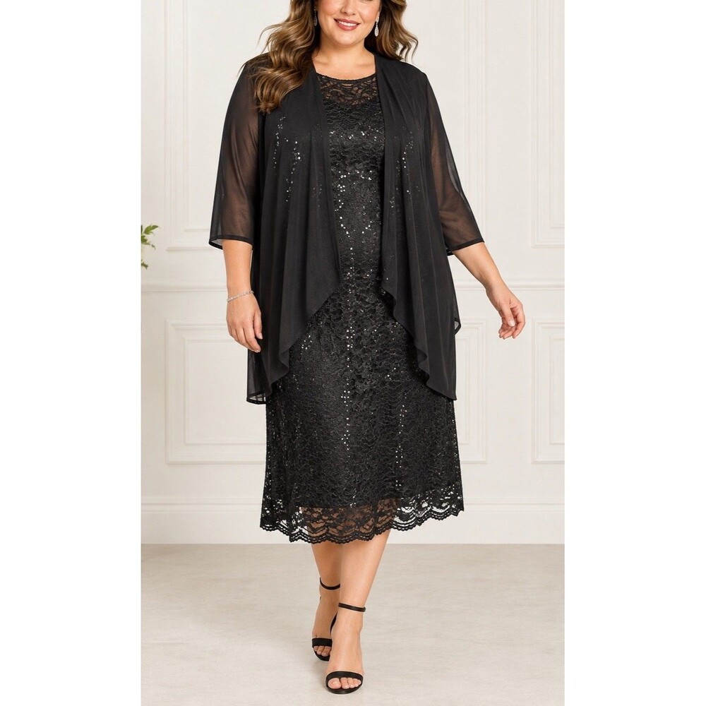 CATHERINES 32W Black Lace Sequin Dress Sheer Jacket 2 Piece Formal Mother Bride